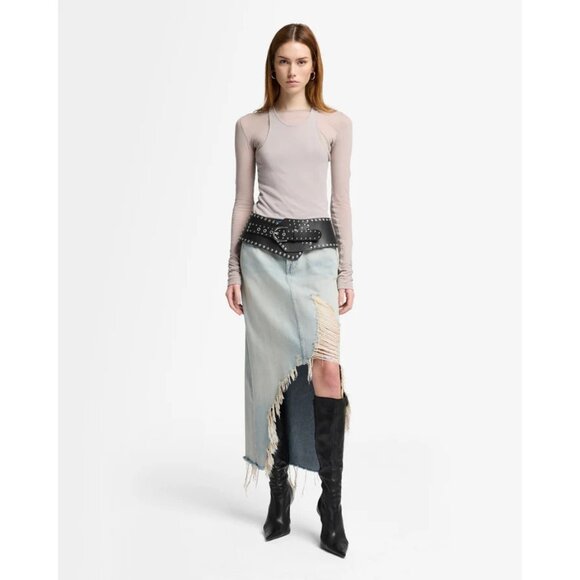 7FAM 7 For All Mankind Denim Midi Skirt in Peaches Distressed Light Wash Size 30 - Picture 1 of 13